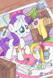 Size: 800x1160 | Tagged: dead source, safe, artist:ponygoddess, idw, rarity, sweetie belle, pony, g4, micro-series #3, my little pony micro-series, baby, baby belle, baby pony, cover, female, filly, filly rarity, foal, gem, hat, sewing, traditional art, younger