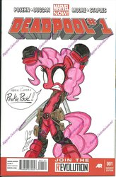 Size: 800x1220 | Tagged: dead source, safe, artist:ponygoddess, pinkie pie, earth pony, pony, g4, clothes, comic, cosplay, costume, cover, crossover, deadpool, female, mare, marvel, parody, pinkiepool, solo, traditional art