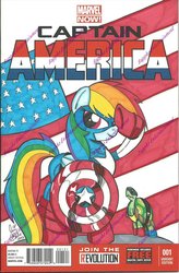Size: 800x1219 | Tagged: safe, artist:ponygoddess, rainbow dash, tank, g4, captain america, clothes, costume, cover, crossover, shield, traditional art