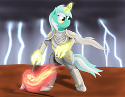 Size: 1280x1000 | Tagged: safe, artist:8aerondight8, lyra heartstrings, pony, g4, armor, bipedal, female, fire, magic hands, solo
