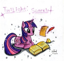 Size: 800x754 | Tagged: safe, artist:maurincl, twilight sparkle, g4, book, female, ink, magic, quill, reading, solo, traditional art