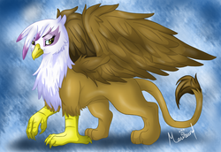 Size: 800x551 | Tagged: dead source, safe, artist:maurincl, gilda, griffon, g4, abstract background, cheek fluff, chest fluff, female, looking sideways, raised claw, signature, solo, spread wings, wing fluff, wings