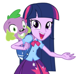 Size: 558x542 | Tagged: safe, spike, twilight sparkle, dog, equestria girls, g4, backpack, dash for the crown, duo, equestria girls prototype, game, simple background, so fucking happy, spike the dog, transparent background, vector