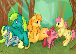 Size: 1023x723 | Tagged: safe, artist:reaperfox, baby ribbs, baby ruby, crumpet, derpy hooves, tex, g1, g4, adult, family, filly, older, parent, younger