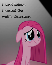 Size: 460x569 | Tagged: safe, edit, edited screencap, screencap, pinkie pie, g4, my little pony: friendship is magic, party of one, cropped, female, floppy ears, insane pony thread, pinkamena diane pie, sad, solo, tumblr, waffle, wavy mouth