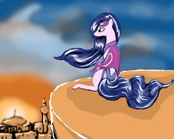 Size: 3000x2400 | Tagged: safe, artist:killer-teckel, amira, saddle arabian, g4, blurry background, cliff, clothes, outdoors, outfit, sitting, sky, solo