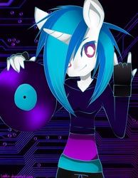Size: 1400x1800 | Tagged: safe, artist:lephie, dj pon-3, vinyl scratch, anthro, g4, ambiguous facial structure, clothes, female, hoodie, record, solo