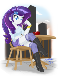 Size: 2305x3000 | Tagged: safe, artist:danmakuman, rarity, human, equestria girls, g4, boots, cafe, clothes, coffee, female, pants, shoes, sitting, socks, solo, table, thigh highs, thigh socks