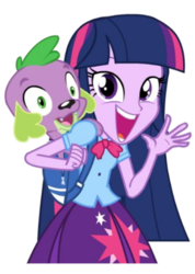 Size: 325x456 | Tagged: safe, spike, twilight sparkle, dog, equestria girls, g4, backpack, dash for the crown, duo, equestria girls prototype, game, simple background, so fucking happy, spike the dog, transparent background, vector