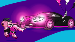 Size: 1024x576 | Tagged: safe, artist:crazypon3, pinkie pie, earth pony, pony, g4, ^^, balloon, car, clothes, eyes closed, goth, gothic, open mouth, open smile, pinkie pie's boutique, pronking, smiling, solo, supercar