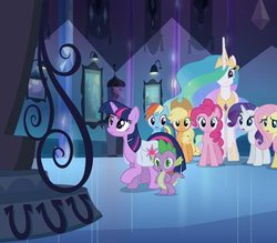 Size: 400x350 | Tagged: safe, screencap, applejack, fluttershy, pinkie pie, princess celestia, rainbow dash, rarity, spike, twilight sparkle, equestria girls, g4, my little pony equestria girls, equestria girls prototype, mane seven, mane six, prototype, saddle bag, twilight sparkle (alicorn)