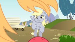 Size: 1000x563 | Tagged: safe, big macintosh, derpy hooves, earth pony, pegasus, pony, g4, female, heartwarming description, incoming hug, male, mare, outdoors, palindrome get, pov, ship:derpymac, shipping, stallion, straight