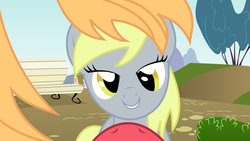 Size: 1000x563 | Tagged: safe, big macintosh, derpy hooves, earth pony, pony, g4, bedroom eyes, female, get, heartwarming description, index get, love face, male, mare, outdoors, pony pov, pov, ship:derpymac, shipping, stallion, straight