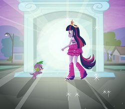 Size: 400x350 | Tagged: safe, screencap, spike, twilight sparkle, dog, equestria girls, g4, my little pony equestria girls, big crown thingy, boots, equestria girls prototype, fall formal outfits, high heel boots, jewelry, ponytail, prototype, regalia, spike the dog, twilight ball dress