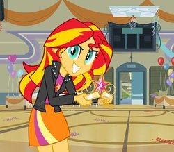 Size: 400x350 | Tagged: safe, sunset shimmer, equestria girls, g4, my little pony equestria girls, balloon, crown, element of magic, equestria girls prototype, evil grin, female, grin, prototype, solo