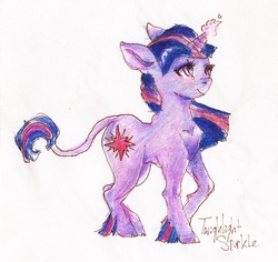 Size: 1142x1076 | Tagged: safe, artist:youmywaywardgirl, twilight sparkle, classical unicorn, pony, unicorn, g4, cloven hooves, colored fetlocks, female, horn, leonine tail, simple background, solo, traditional art, unicorn twilight, unshorn fetlocks, white background