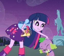 Size: 400x350 | Tagged: safe, spike, twilight sparkle, dog, equestria girls, g4, my little pony equestria girls, duo, element of magic, equestria girls prototype, prototype, spike the dog