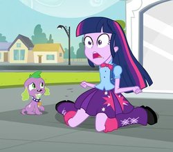 Size: 400x350 | Tagged: safe, screencap, spike, twilight sparkle, dog, equestria girls, g4, my little pony equestria girls, duo, equestria girls prototype, exploitable meme, prototype, spike the dog, twiscream