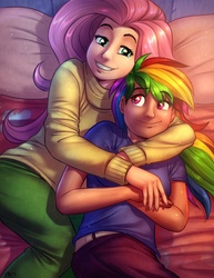 Size: 695x900 | Tagged: safe, artist:megasweet, artist:vest, fluttershy, rainbow dash, human, g4, clothes, cuddling, duo, female, humanized, lesbian, ship:flutterdash, shipping, snuggling, sweater, sweatershy, t-shirt