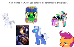 Size: 955x606 | Tagged: safe, nightmare moon, scootaloo, oc, oc:sketchy the notebook pony, oc:spell nexus, g4, antagonist, chickun, discussion, evil, exploitable meme, gak, lined paper, meme, nightmare dupe, question, text, tiara ultima