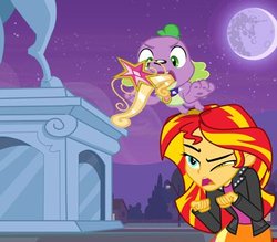 Size: 400x350 | Tagged: safe, spike, sunset shimmer, dog, equestria girls, g4, my little pony equestria girls, big crown thingy, element of magic, equestria girls prototype, jewelry, regalia, spike stomp, spike the dog