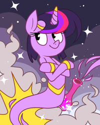 Size: 1024x1280 | Tagged: safe, artist:karzahnii, twilight sparkle, genie, ask genie twilight, g4, armband, bottle, crossed hooves, female, geniefied, headband, horn, horn ring, poof, solo, sparkles, waistband