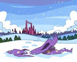 Size: 1280x1024 | Tagged: safe, artist:karzahnii, trixie, g4, chasing winter, crystal empire, fanfic, fanfic art, fanfic cover, scenery, snow, snowfall, trixie's cape, trixie's hat