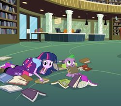 Size: 400x350 | Tagged: safe, screencap, spike, twilight sparkle, equestria girls, g4, my little pony equestria girls, library