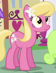 Size: 387x505 | Tagged: safe, screencap, lily, lily valley, earth pony, pony, a friend in deed, g4, background pony, cropped, female, flower, flower in hair, frown, lily (flower), mare, solo focus