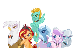 Size: 883x555 | Tagged: safe, artist:witchkirke, diamond tiara, gilda, lightning dust, silver spoon, sunset shimmer, trixie, griffon, pony, unicorn, g4, alternate mane six, antagonist, antagonist six, older, older diamond tiara, older silver spoon, simple background, villain six, white background