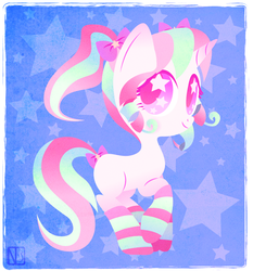 Size: 731x786 | Tagged: safe, artist:disfiguredstick, oc, oc only, oc:rosy cheeks, earth pony, pony, g4, bow, clothes, female, hair bow, mare, signature, socks, solo, starry eyes, striped socks, tail, tail bow, wingding eyes