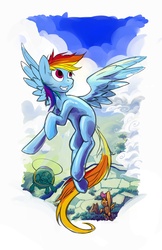 Size: 792x1224 | Tagged: safe, artist:halley-valentine, rainbow dash, scootaloo, tank, pegasus, pony, tortoise, g4, bridge, cloud, female, filly, flying, foal, mare, open mouth, river, scootaloo can fly, sky, spread wings, vertigo, water, wings
