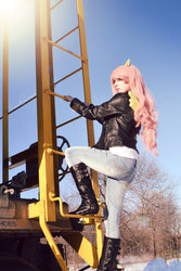 Size: 900x1348 | Tagged: safe, artist:smikimimi, fluttershy, human, g4, boots, clothes, cosplay, irl, irl human, jacket, leather, leather boots, leather jacket, photo, shoes, solo