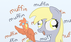 Size: 1511x900 | Tagged: safe, artist:evetssteve, derpy hooves, parrot, pegasus, pony, g4, female, mare