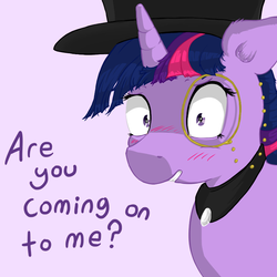 Size: 800x800 | Tagged: safe, artist:prosper58, twilight sparkle, pony, askexquisitetwi, g4, blushing, dialogue, female, hat, mare, monocle, purple background, simple background, solo, top hat, tumblr