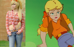 Size: 651x412 | Tagged: safe, edit, screencap, applejack, megan williams, human, g1, g4, rescue at midnight castle, comparison, cosplay, front knot midriff, irl, irl human, midriff, photo