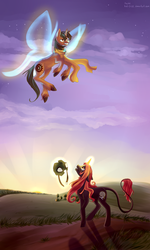 Size: 3000x5005 | Tagged: safe, artist:weird--fish, oc, oc only, oc:ray, oc:wormhole, classical unicorn, pony, unicorn, clothes, duo, female, flutterwings, flying, glowing, glowing horn, horn, leonine tail, looking at someone, magic, magic aura, male, mare, mask, scarf, stallion, telekinesis