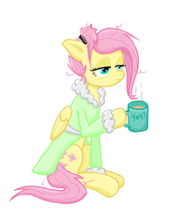 Size: 600x750 | Tagged: safe, artist:thecheeseburger, fluttershy, g4, bathrobe, bed mane, clothes, coffee, female, morning ponies, mug, robe, solo, tired