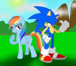Size: 1530x1329 | Tagged: safe, artist:sweecrue, rainbow dash, g4, crossover, male, sonic the hedgehog, sonic the hedgehog (series)