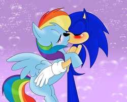 Size: 1875x1502 | Tagged: safe, artist:leylahshan, rainbow dash, pony, g4, blushing, crossover, crossover shipping, female, heart, interspecies, kissing, love, male, request, shipping, sonic the hedgehog, sonic the hedgehog (series), sonicdash, straight