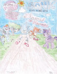 Size: 785x1018 | Tagged: safe, artist:sonic-warrior, rainbow dash, twilight sparkle, g4, classic sonic, crossover, fanfic, fanfic art, male, miles "tails" prower, sonic the hedgehog, sonic the hedgehog (series), traditional art