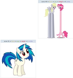 Size: 520x555 | Tagged: safe, derpy hooves, dj pon-3, pinkie pie, vinyl scratch, pegasus, pony, g4, exploitable meme, female, juxtaposition, juxtaposition win, long neck, mare, meme, tall