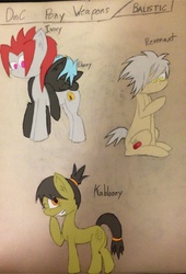 Size: 1394x2048 | Tagged: safe, artist:glassmenagerie, oc, oc only, oc:ebony, oc:ivory, oc:kablooey, oc:revenant, dmc, gun, pony may cry