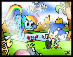 Size: 4652x3648 | Tagged: safe, artist:neoncabaret, rainbow dash, robot, g4, absurd resolution, classic sonic, crossover, green hill zone, male, sonic the hedgehog, sonic the hedgehog (series)