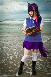 Size: 900x1349 | Tagged: safe, artist:danil-nd, twilight sparkle, human, g4, beach, book, boots, cosplay, irl, irl human, photo, solo, sweater vest, water