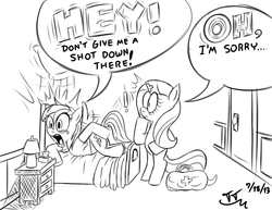 Size: 1540x1190 | Tagged: safe, artist:tomtornados, fluttershy, rainbow dash, pegasus, pony, g4, anatomically incorrect, ass up, bed, comic, disney, female, grammar rock, incorrect leg anatomy, interjections, literal butthurt, mare, monochrome, needle, nurse, nurse fluttershy, pain, rearing, schoolhouse rock, syringe