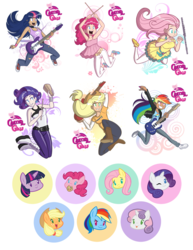 Size: 638x825 | Tagged: dead source, safe, artist:megasweet, applejack, fluttershy, pinkie pie, rainbow dash, rarity, sweetie belle, twilight sparkle, human, g4, canter girls, clothes, converse, cute, dress, humanized, mane six, midriff, musical instrument, shoes, shyabetes, smarty belle, tank top