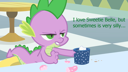 Size: 1280x720 | Tagged: safe, spike, sweetie belle, g4, caption, cup, drink, male, mug, ship:spikebelle, shipping, solo, table