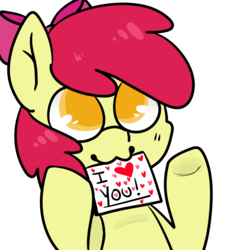 Size: 1000x1000 | Tagged: safe, artist:pegacornss, apple bloom, earth pony, pony, g4, :3, adorabloom, cute, female, filly, foal, heart, mouth hold, note, paper, simple background, solo, transparent background