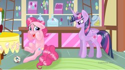 Size: 1024x576 | Tagged: safe, artist:snakehands, pinkie pie, twilight sparkle, alicorn, pony, g4, broken teeth, candy, didn't think this through, female, food, implied crying, jawbreaker, kitchen, mare, pain, sugarcube corner, teeth, twilight sparkle (alicorn)